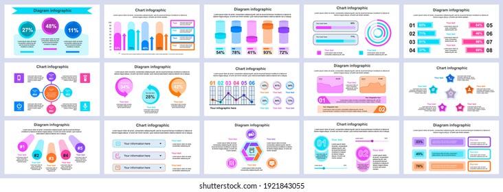 Plantilla de diapositivas de presentación de infografías de negocios y finanzas. Diferentes gráficos, diagramas, flujo de trabajo, diagrama de flujo, escala de tiempo, plantilla de diseño de esquemas. Juego de infografía e infografía de vectores.