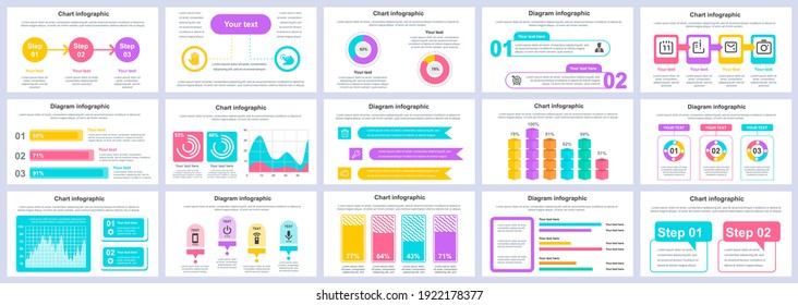 Bundle business and finance infographics presentation slides template. Different charts, diagrams, workflow, flowchart, timeline, schemes design template. Vector info graphic and infographics set.