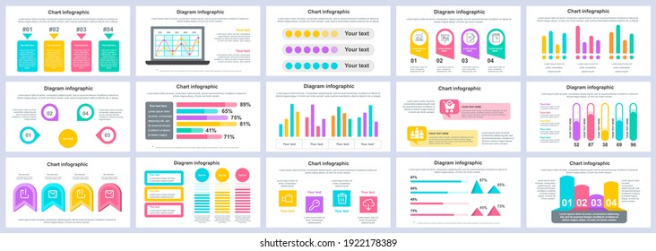 Plantilla de diapositivas de presentación de infografías de negocios y finanzas. Diferentes gráficos, diagramas, flujo de trabajo, diagrama de flujo, escala de tiempo, plantilla de diseño de esquemas. Juego de infografía e infografía de vectores.