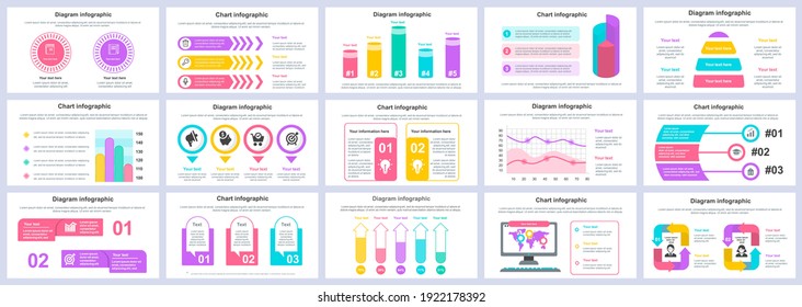 Plantilla de diapositivas de presentación de infografías de negocios y finanzas. Diferentes gráficos, diagramas, flujo de trabajo, diagrama de flujo, escala de tiempo, plantilla de diseño de esquemas. Juego de infografía e infografía de vectores.