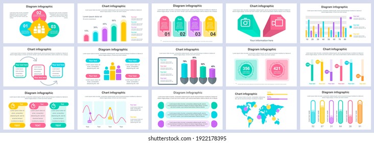 Bundle business and finance infographics presentation slides template. Different charts, diagrams, workflow, flowchart, timeline, schemes design template. Vector info graphic and infographics set.