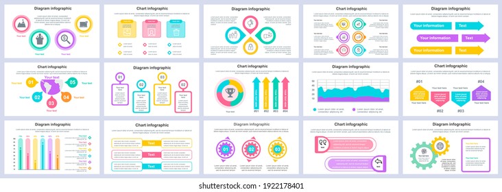 Bundle business and finance infographics presentation slides template. Different charts, diagrams, workflow, flowchart, timeline, schemes design template. Vector info graphic and infographics set.