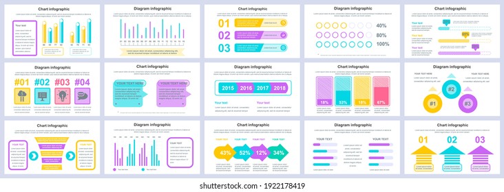 Bundle business and finance infographics presentation slides template. Different charts, diagrams, workflow, flowchart, timeline, schemes design template. Vector info graphic and infographics set.