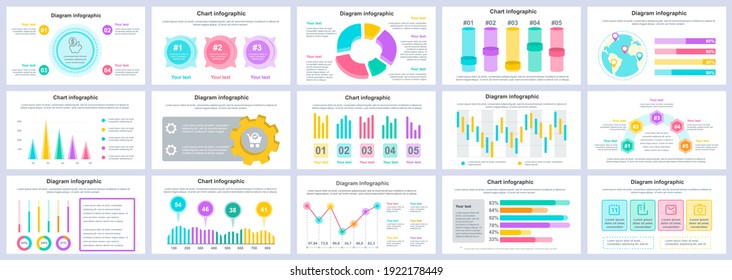 Bundle business and finance infographics presentation slides template. Different charts, diagrams, workflow, flowchart, timeline, schemes design template. Vector info graphic and infographics set.