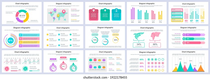 Bundle business and finance infographics presentation slides template. Different charts, diagrams, workflow, flowchart, timeline, schemes design template. Vector info graphic and infographics set.