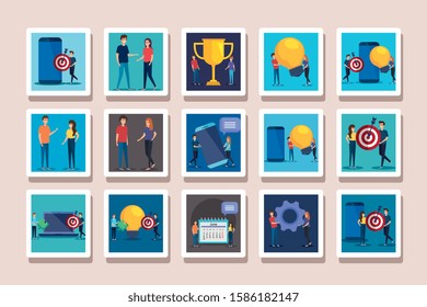 bundle of business icons and people vector illustration design