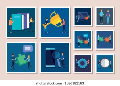 bundle of business icons and people vector illustration design