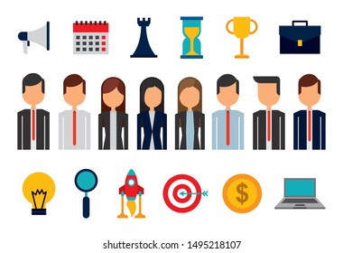 bundle of business people avatars and supplies vector illustration design