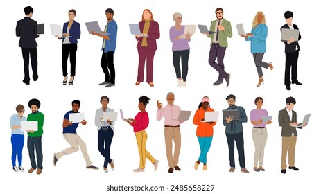 Paquete de personas de negocios que trabajan en la computadora portátil. Diferentes hombres, mujeres que llevan ropa casual elegante, formal de oficina de pie con la computadora. Ilustración realista de Vector aislado sobre fondo blanco.