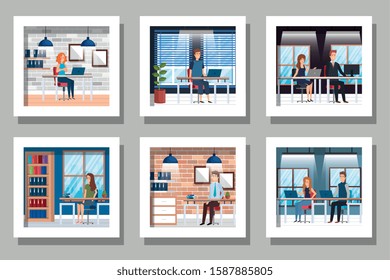 bundle of business people in the workplace vector illustration design