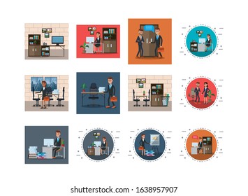 bundle of business people in workplaces vector illustration design