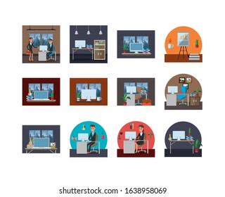 bundle of business people in workplaces vector illustration design