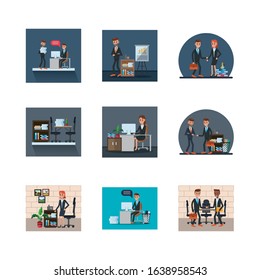 bundle of business people in workplaces vector illustration design