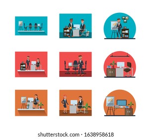 bundle of business people in workplaces vector illustration design