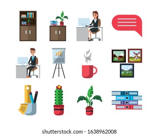 bundle of business people in workplaces vector illustration design