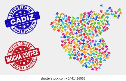 Bundle Cadiz Province map and blue Assembled seal stamp, and Mocha Coffee scratched seal. Colorful vector Cadiz Province map mosaic of bundle connectors. Red round Mocha Coffee badge.