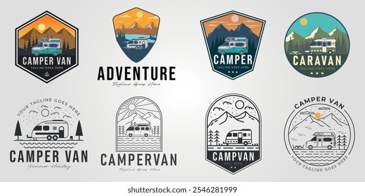 bundle of camper van logo illustration. set of  adventure caravan car symbol vector design