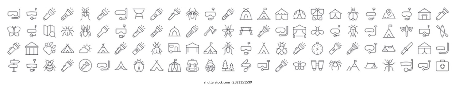 Bundle of Camping Related Line Icons. Editable Stroke for Design, Web Sites, Apps, Cards. Contains Linear Images of Flashlight, Diving Mask, Tent, Axe, Insect