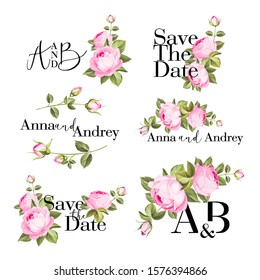Bundle of cards with flower rose, leaves. Wedding ornament concept. Floral poster, invite. Vector decorative greeting card, invitation design background.