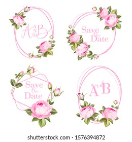 Bundle of cards with flower rose, leaves. Wedding ornament concept. Floral poster, invite. Vector decorative greeting card, invitation design background.