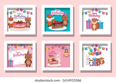 bundle of cards happy birthday with cute animals vector illustration design