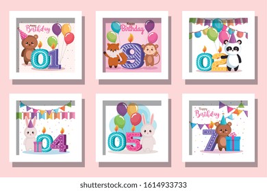bundle of cards happy birthday with cute animals and decoration vector illustration design