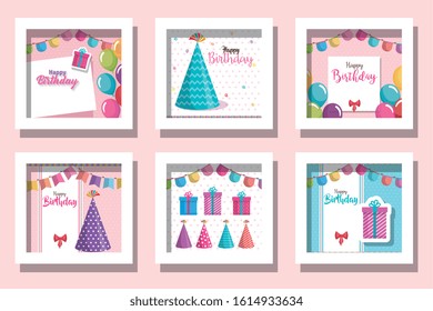 bundle of cards happy birthday and decoration vector illustration design