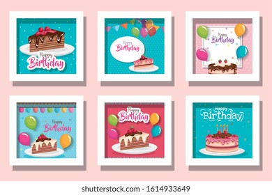 bundle of cards happy birthday with delicious food and decoration vector illustration design