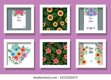 bundle of cards invitation with flowers decoration vector illustration design