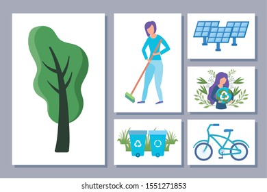 bundle of cards with renewable energy scene vector illustration design