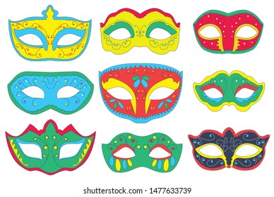 Bundle of carnival masks. Bright colorful face masks. EPS 10 vector editable illustration