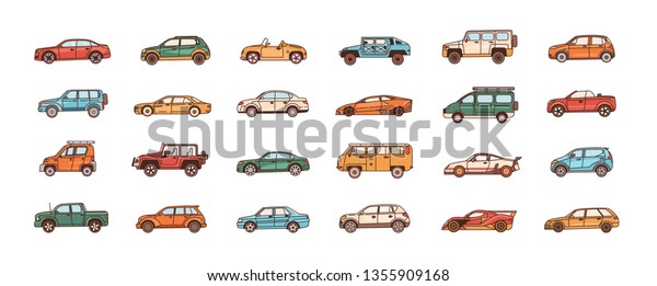 Bundle of cars of different body configuration\
styles - cabriolet, sedan, pickup, hatchback, van. Set of modern\
automobiles or motor vehicles of various types. Vector illustration\
in line art style.
