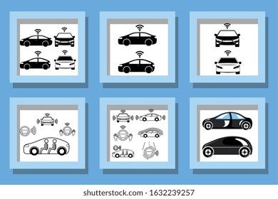bundle of cars smart with icons vector illustration design
