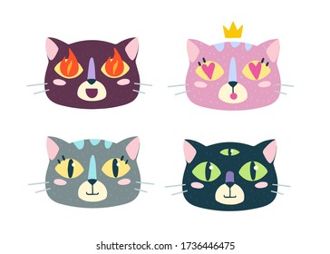 Bundle of cartoon animal muzzles: happy, smile, in love, passion, fire, amazement, supernatural. Cute funny cat faces icons isolated on white background. Flat vector illustration. 