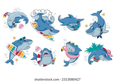 Bundle of cartoon funny sharks. Summer beach characters for fashion design, advertising. Vector illustration of the underwater world.