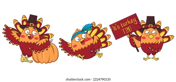 Bundle of cartoon funny turkeys in different poses wearing a pilgrim's hat and an Indian headband with feathers