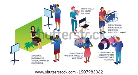 Bundle cartoon Isometric Film making Cinema Production Acting Cameraman Scenario Sound Motion Design Montage Director Actress Scene Shooting Movie Editing Screenwriting Script Assembling Setting 