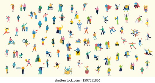 Bundle of cartoon men and women performing outdoor activities on city street. Flat colorful vector illustration people walking, disabled people, standing, talking, running, jumping, sitting, dancing