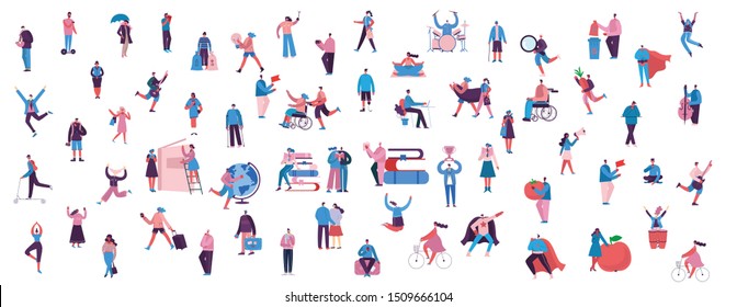 Bundle of cartoon men and women performing outdoor activities on city street. Flat colorful vector illustration people walking, disabled people, standing, talking, running, jumping, sitting, dancing