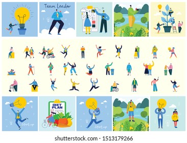 Bundle of cartoon men and women performing outdoor activities on city street. Flat colorful vector illustration people walking, disabled people, standing, talking, running, jumping, sitting, dancing