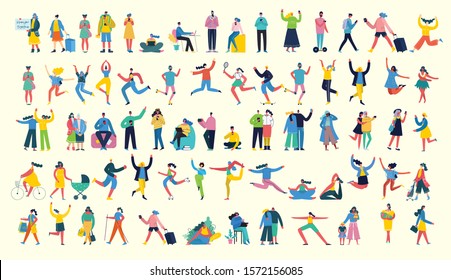 Bundle of cartoon men and women performing outdoor activities on city street. Flat colorful vector illustration people walking, disabled people, standing, talking, running, jumping, sitting, dancing