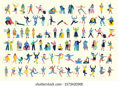 Bundle of cartoon men and women performing outdoor activities on city street. Flat colorful vector illustration people walking, disabled people, standing, talking, running, jumping, sitting, dancing