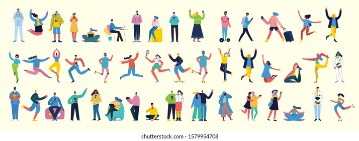 Bundle of cartoon men and women performing outdoor activities on city street. Flat colorful vector illustration people walking,standing, talking, running, jumping, sitting, dancing and doctors