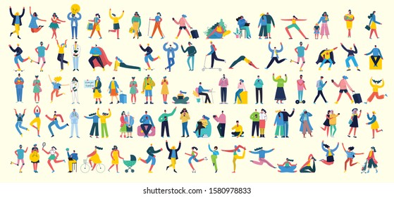 Bundle of cartoon men and women performing outdoor activities on city street. Flat colorful vector illustration people walking,standing, talking, running, jumping, sitting, dancing and doctors