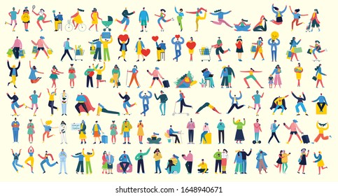 Bundle of cartoon men and women performing outdoor activities on city street. Flat colorful vector illustration people walking,standing, talking, running, jumping, sitting, dancing and doctors