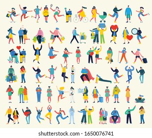 Bundle of cartoon men and women performing outdoor activities on city street. Flat colorful vector illustration people walking,standing, talking, running, jumping, sitting, dancing and doctors