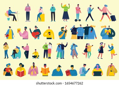 Bundle of cartoon men and women performing outdoor activities on city street. Flat colorful vector illustration people walking,standing, talking, running, jumping, sitting, dancing and doctors