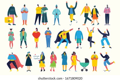 Bundle of cartoon men and women performing activities. Flat colorful vector illustration people walking,standing, talking, running, jumping, sitting, dancing and doctors