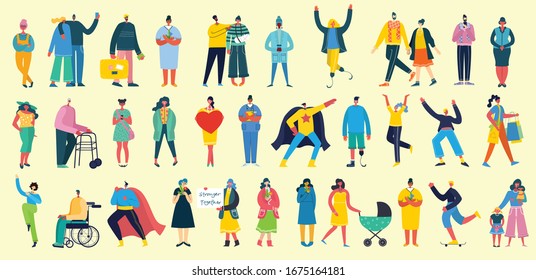 Bündel von Cartoons Männer und Frauen, die Aktivitäten. Flat bunt farbige Vektorillustration, die Menschen beim Gehen, Stehen, Reden, Laufen, Springen, Sitzen, Tanzen und Ärzte anzeigt