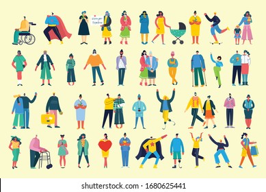 Bundle of cartoon men and women performing activities. Flat colorful vector illustration people walking,standing, talking, running, jumping, sitting, dancing and doctors